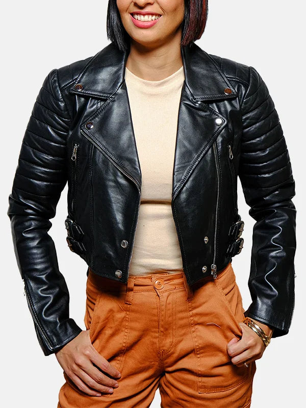 Cropped Black Leather Jacket Womens