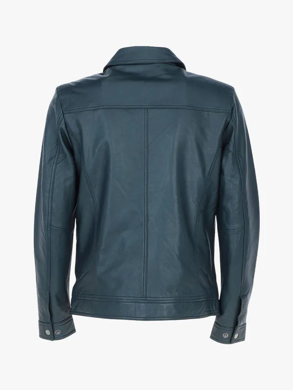 Deshawn Men’s Blue Bomber Leather Shirt Jacket
