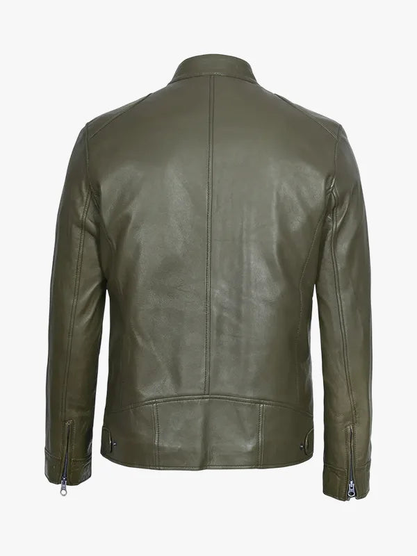 Dodge Olive Green Cafe Racer Leather Jacket For Men