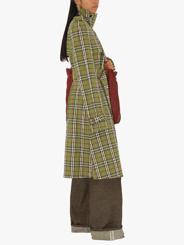 Double-breasted Long Check Stretch Linen Trench Coat