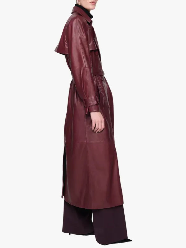 Double Breasted Corrin Leather Trench Burgundy Coat 