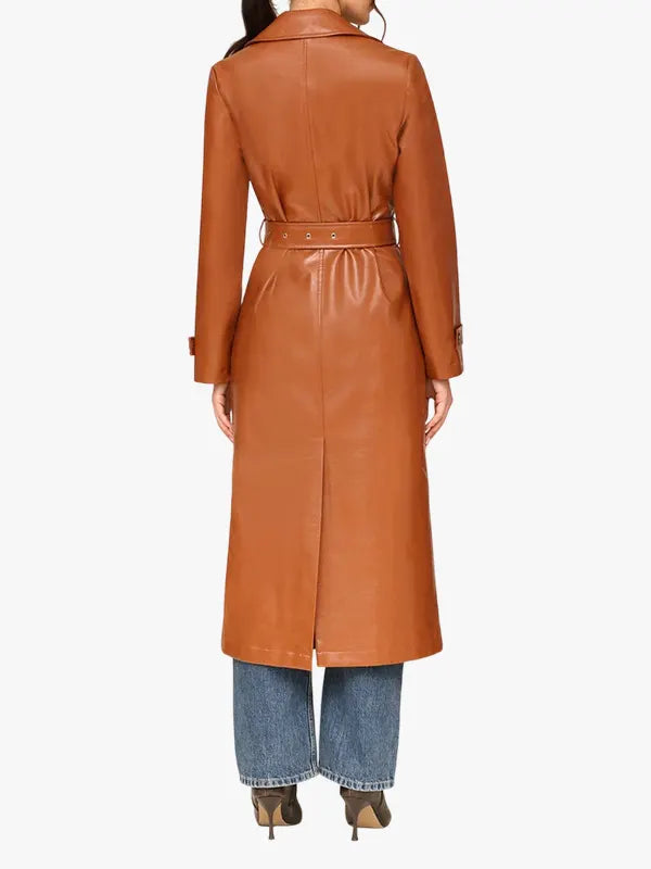 Double Breasted Glazed Faux Leather Brown Trench Belted Coat