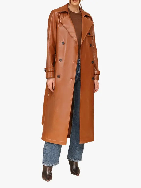 Double Breasted Glazed Faux Leather Trench Belted Coat