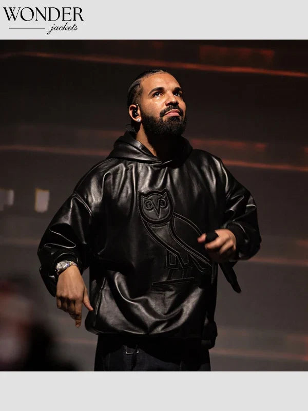 Drake OVO Black Leather Hoodie