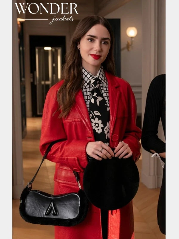 Emily in Paris S04 Emily Cooper Red Leather Coat