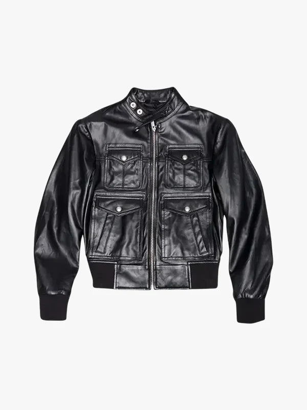 Emma Black Leather Bomber Jacket
