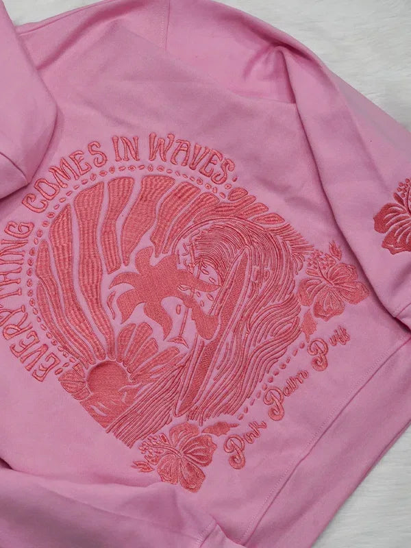 Everything Comes In Waves Pink Palm Puff Hoodie