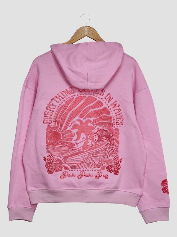 Everything Comes In Waves Pink Palm Puff Oversized Hoodie