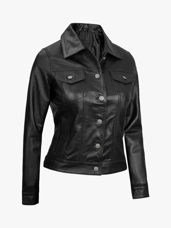 Fernando Women's Black Leather Trucker Biker Jacket