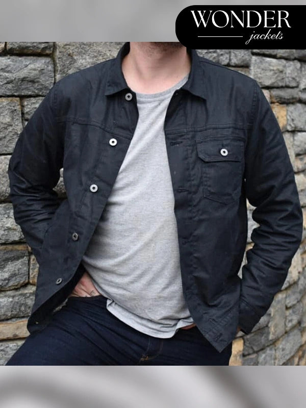 Flannel Lined Waxed Trucker Black Jacket