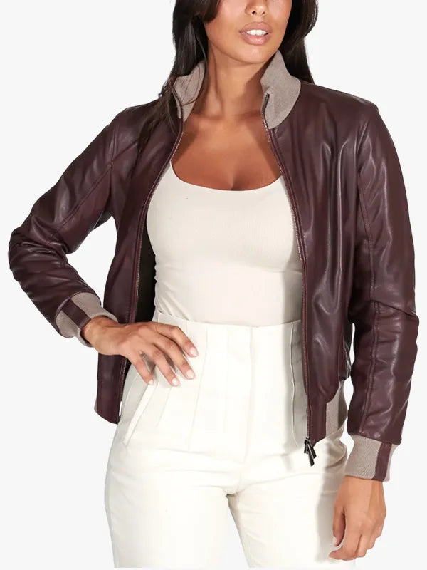 G155 - Burgundy natural leather bomber jacket merino wool collar For Women's