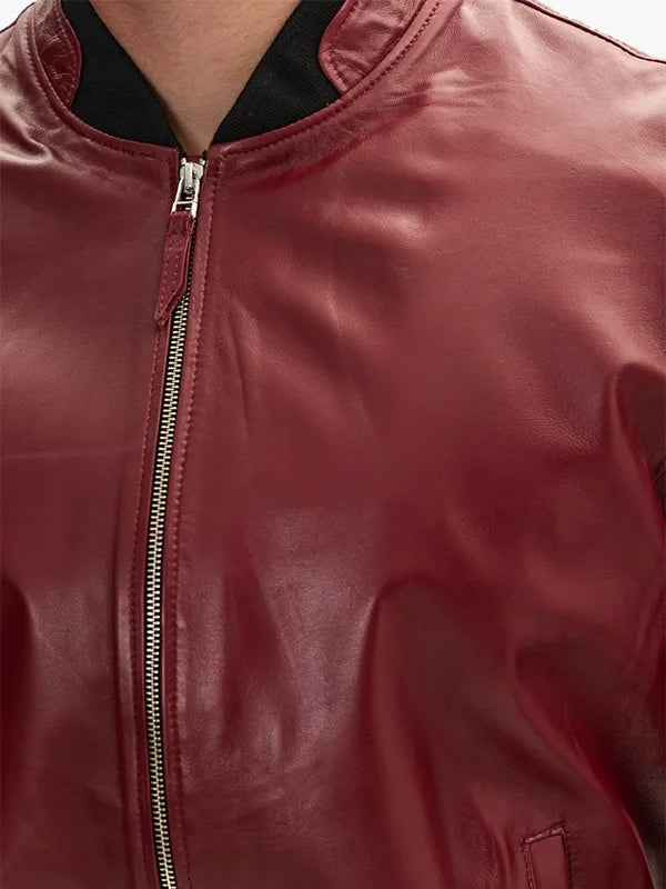Genuine  Burgundy Leather Bomber Jacket 