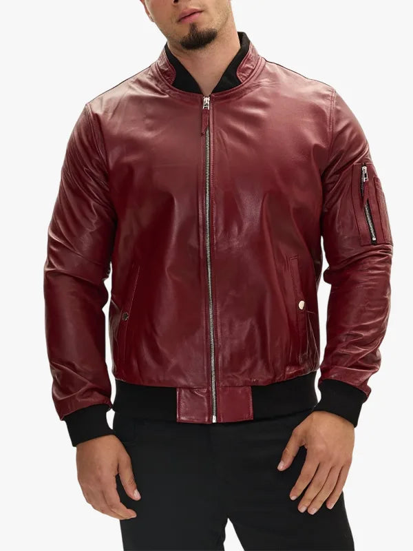 Genuine Burgundy Leather Bomber Men Jacket 