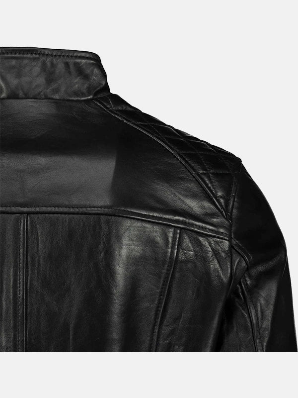 George Waters Padded Style Black Leather Jacket Back Shoulder Close Up