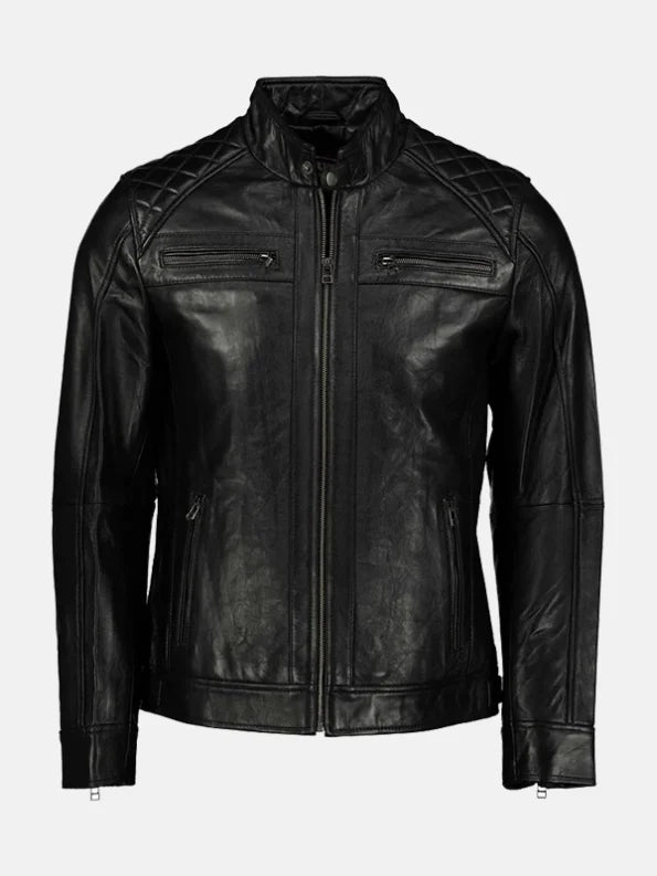 George Waters Padded Style Black Leather Jacket Front