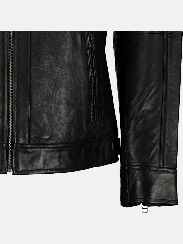 George Waters Padded Style Black Leather Jacket Sleeves Close Up