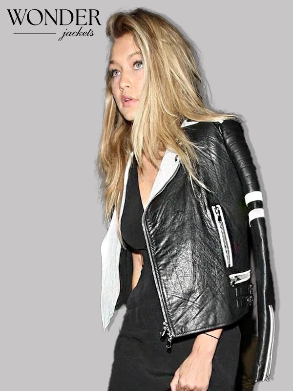 Gigi Hadid Biker Leather Jacket Black & White 