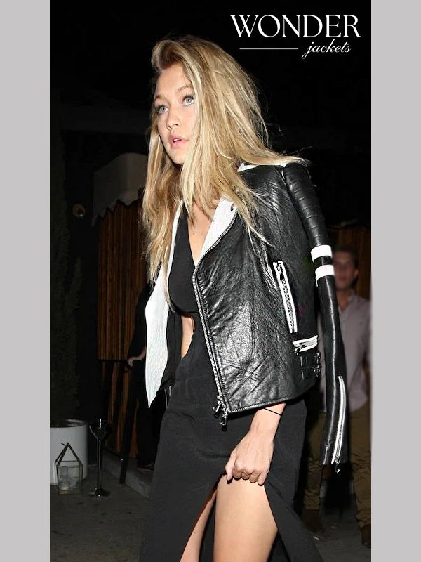 Gigi Hadid Black & White Leather Biker Jacket