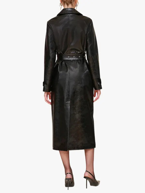 Glazed Faux-Ever Leather Belted Black Trench Coat 