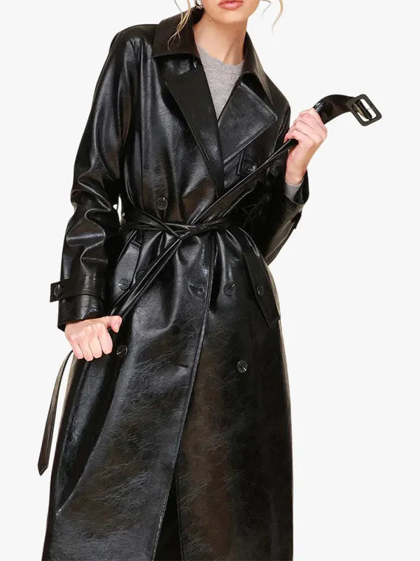 Black Glazed Faux-Ever Leather Trench  Coat