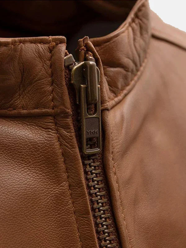 Grayson Mens Leather Brown Jacket Collar Close Up