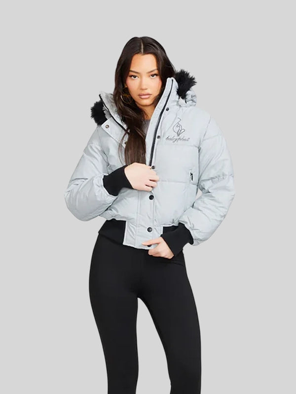 Grey baby phat puffer jacket with fur