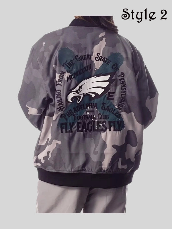 Grey Philadelphia Eagles Camo Bomber Jacket The Wild Collective