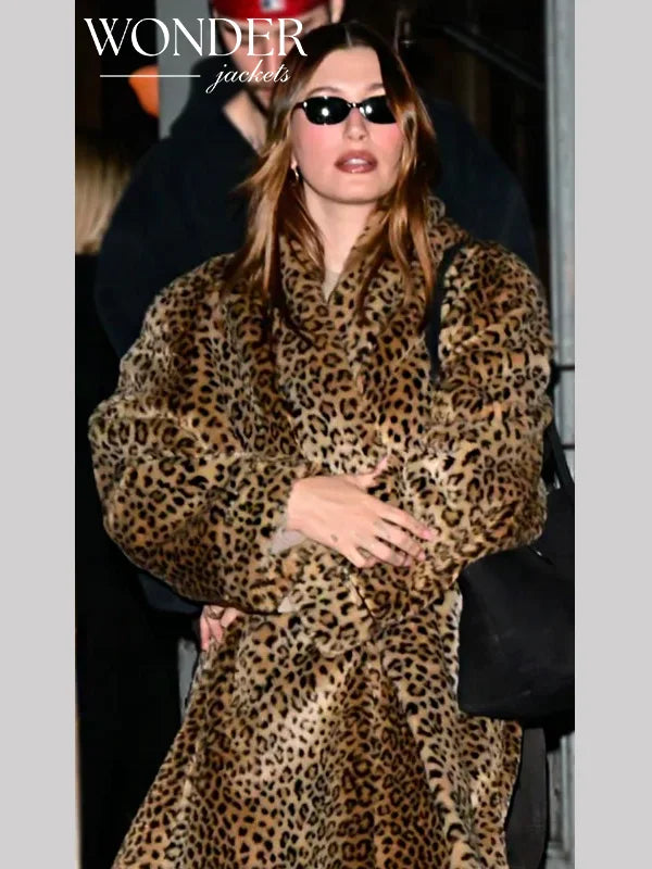 Hailey Bieber Faux Fur Leopard Coat