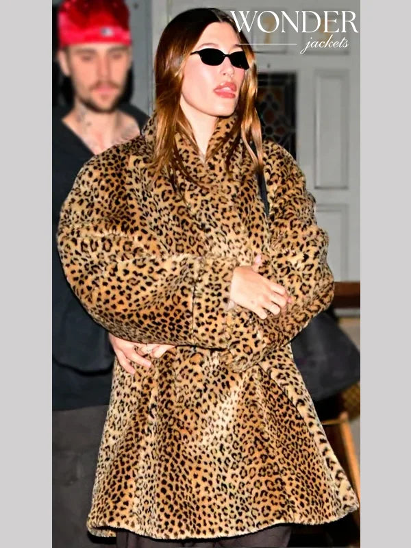 Hailey Bieber Faux Fur Leopard Print Coat