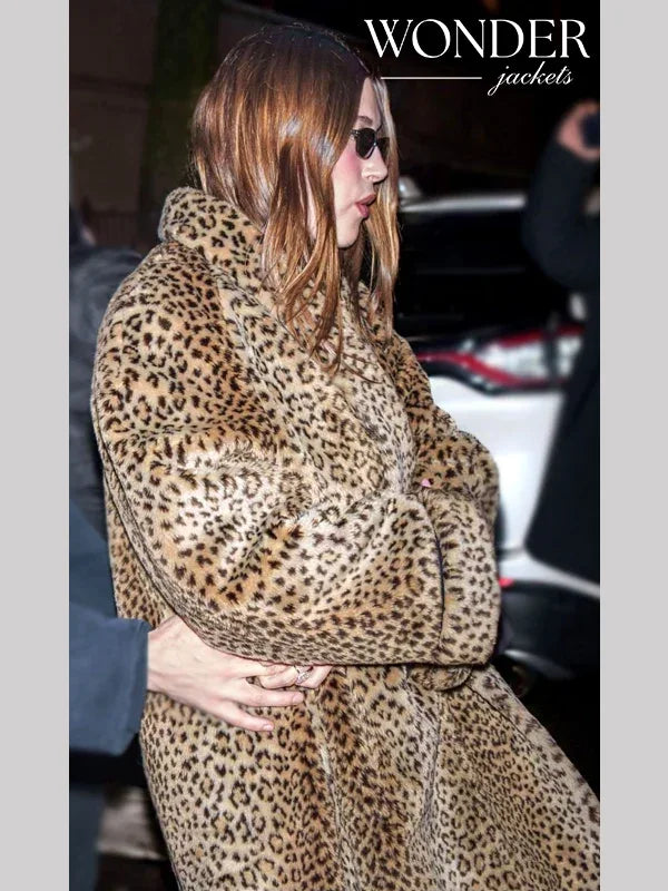 Hailey Bieber Leopard Faux Fur Coat