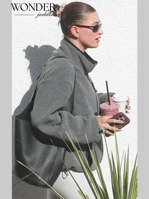 Hailey Bieber MIU MIU Fleece Grey Sweatshirt