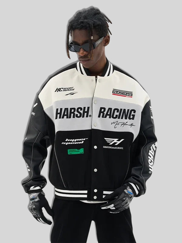 Harsh And Cruel Embroidered Racing Varsity Jacket Black