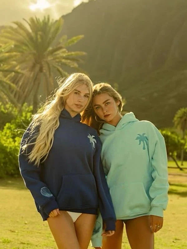 Hawaii Hibiscus Pink Palm Puff Hoodie Blue