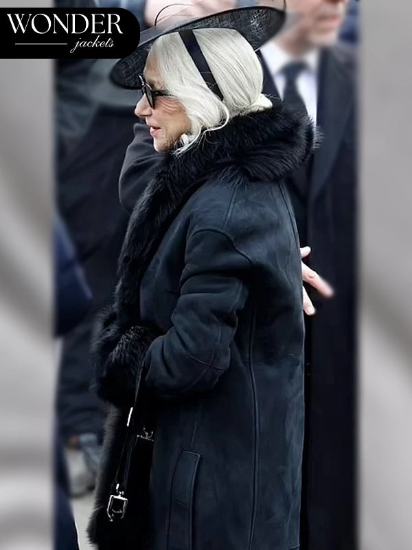 Helen Mirren MobLand Shearling Black Suede Coat