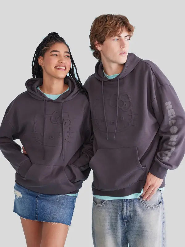 Hello Kitty Embossed Face Pullover Hoodie Grey