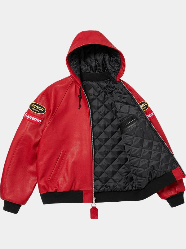 Hooded Work Supreme Vanson Red Leather Jacket