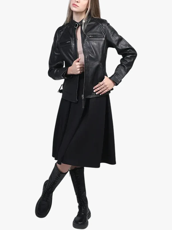 Johnson Women Cafe Racer Black Leather Jacket