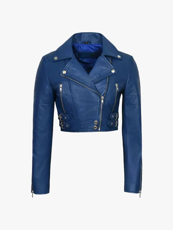 Julian Women’s Blue Cropped Biker Jacket
