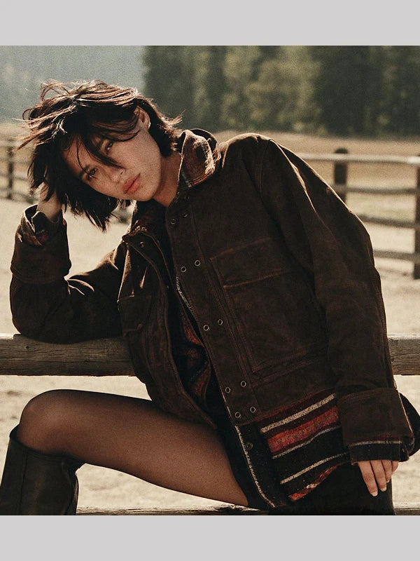 Kelsey Asbille Free People x Yellowstone Suzy Suede Jacket Brown