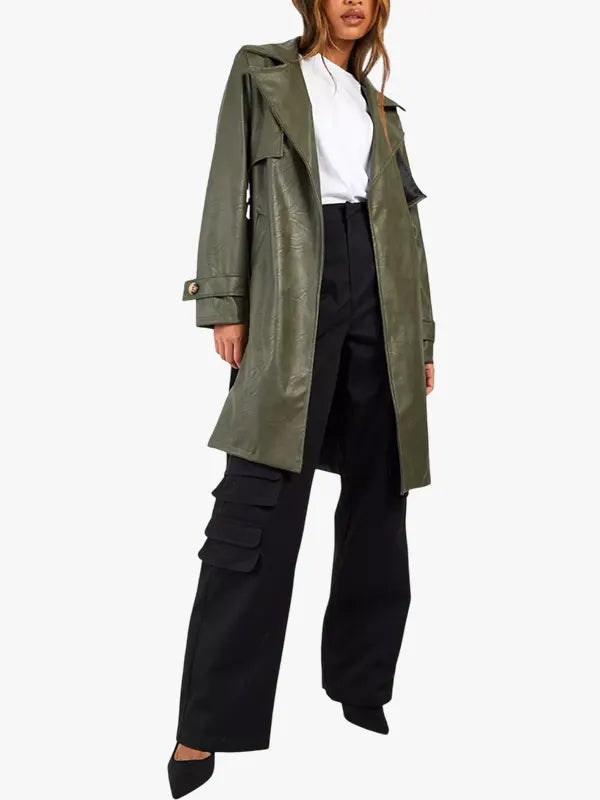 Khaki Belted Short Faux Leather Trench Coat 