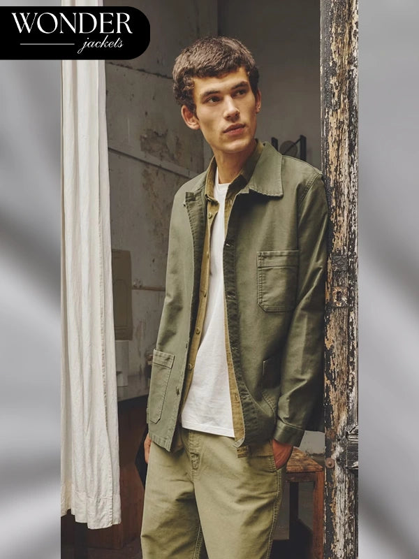 Khaki French Moleskin Work Jacket Le Mont St Michel