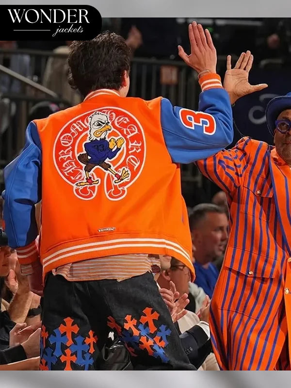 Knicks Game Timothee Chalamet Varsity Jacket Orange and Blue