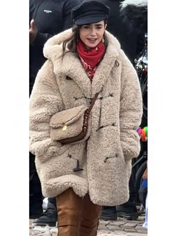 Lily-Collins-Emily-In-Paris-S04-Beige-Hooded-Shearling-Coat