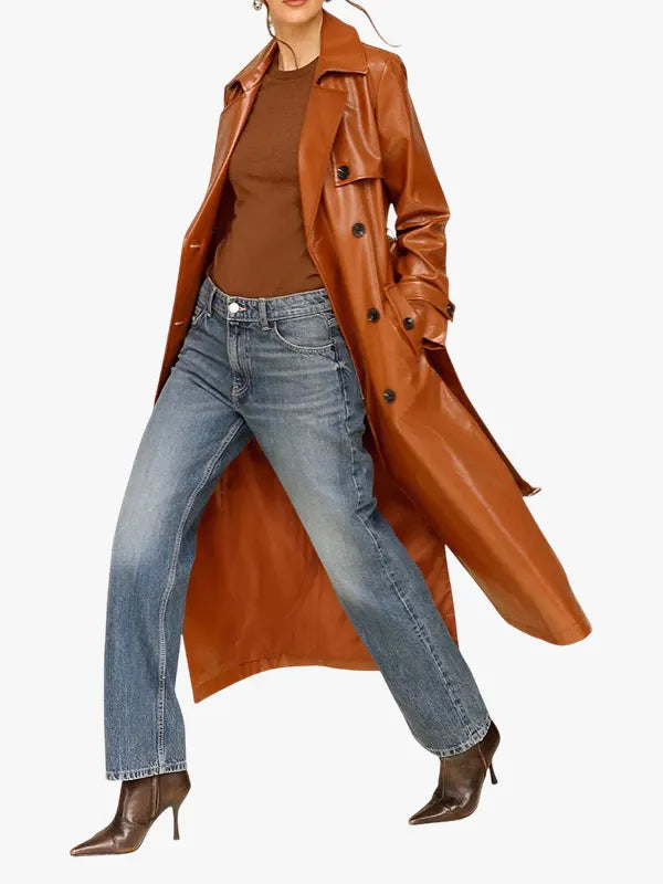 Long Glazed Faux-Ever Leather Belted Trench Coat 