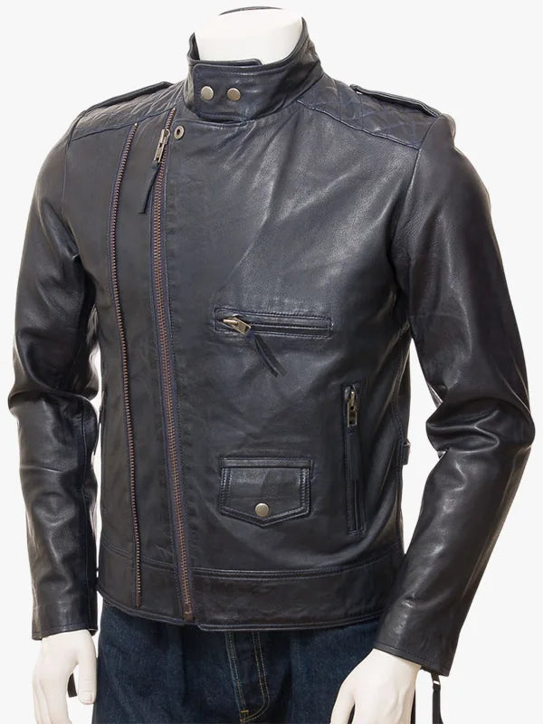 Marineblaue Leder-Bikerjacke „Musbury“