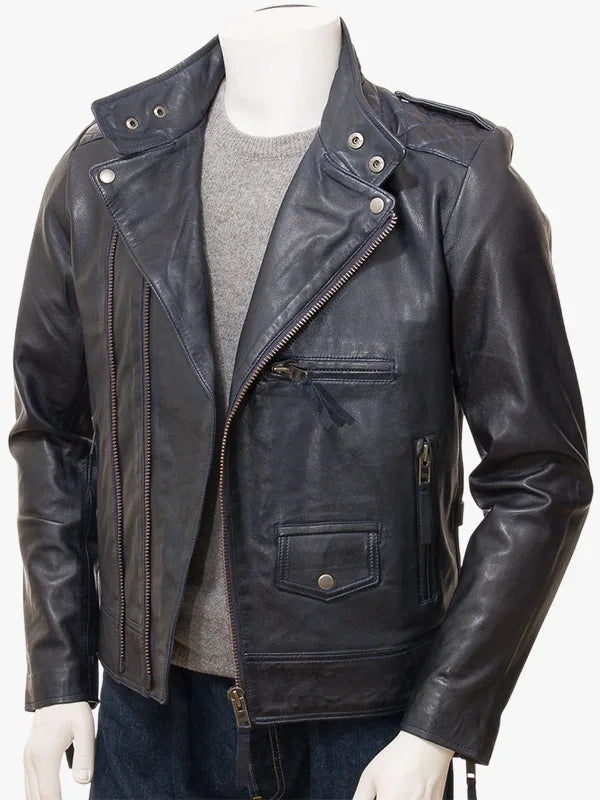Marineblaue Leder-Bikerjacke „Musbury“