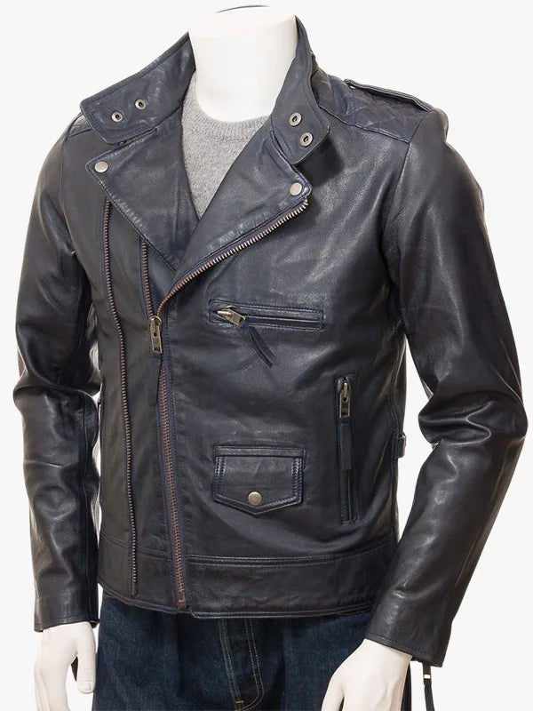 Marineblaue Leder-Bikerjacke „Musbury“