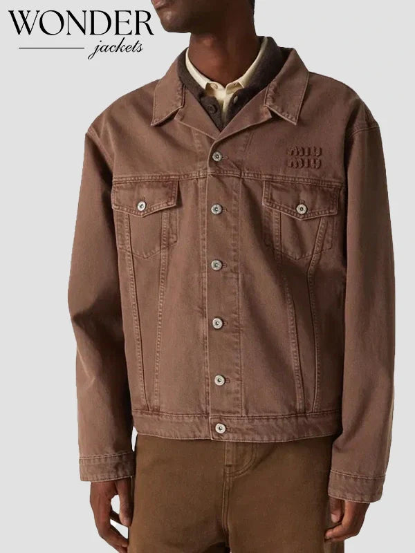 MIU MIU Logo Denim Jacket Brown