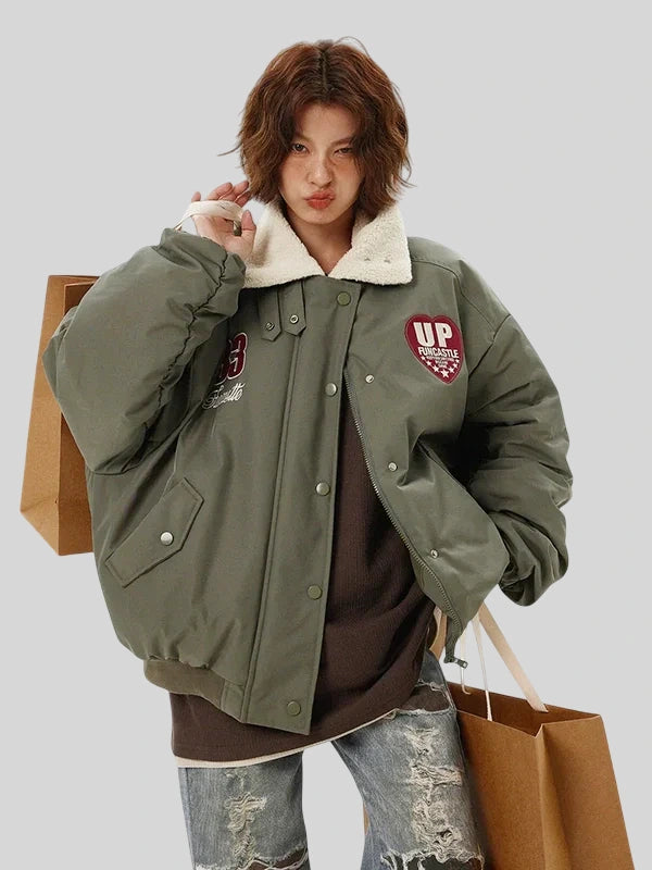 MW9716 Fun Castle Heart Green Bomber Jacket Womens