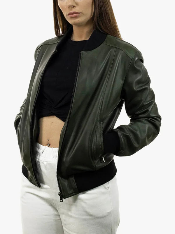 Malesia Womens Green Bomber Zip-Up Jacket